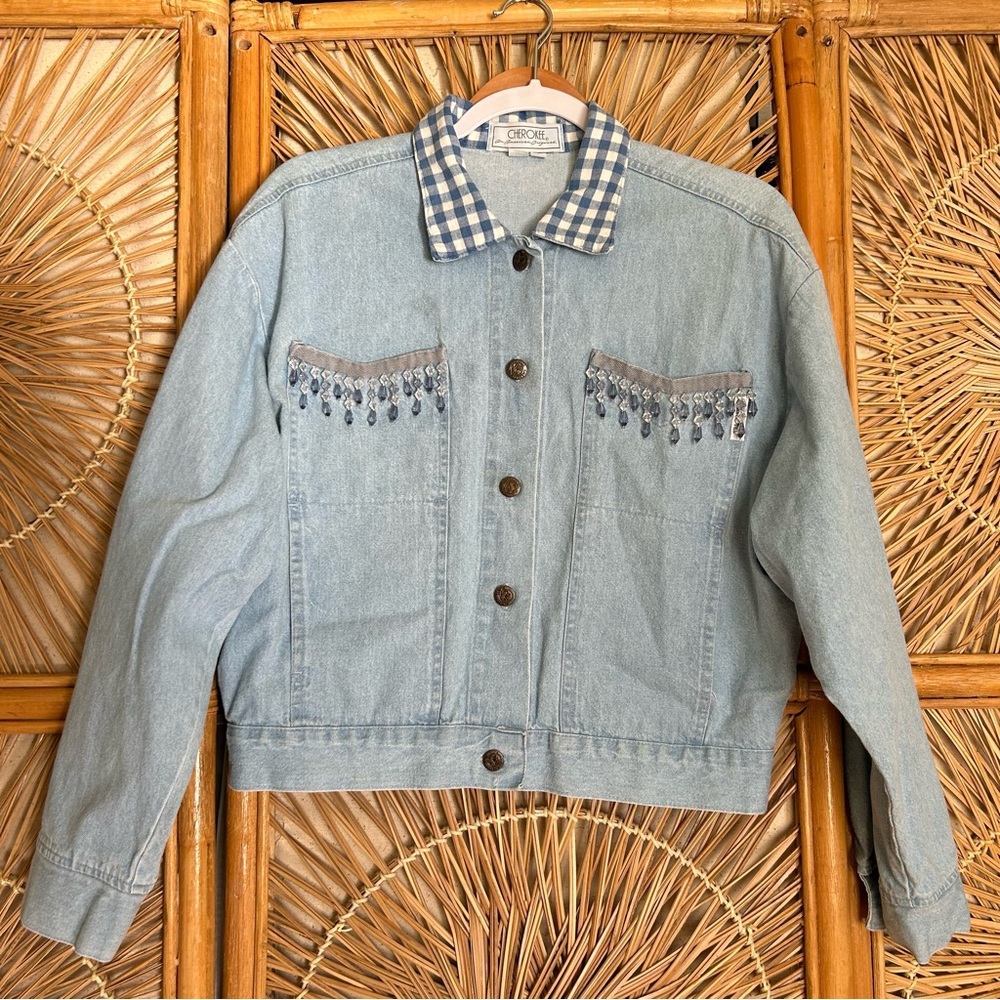 Vintage Light Wash Denim Jacket with Gingham Collar and Beaded Fringe